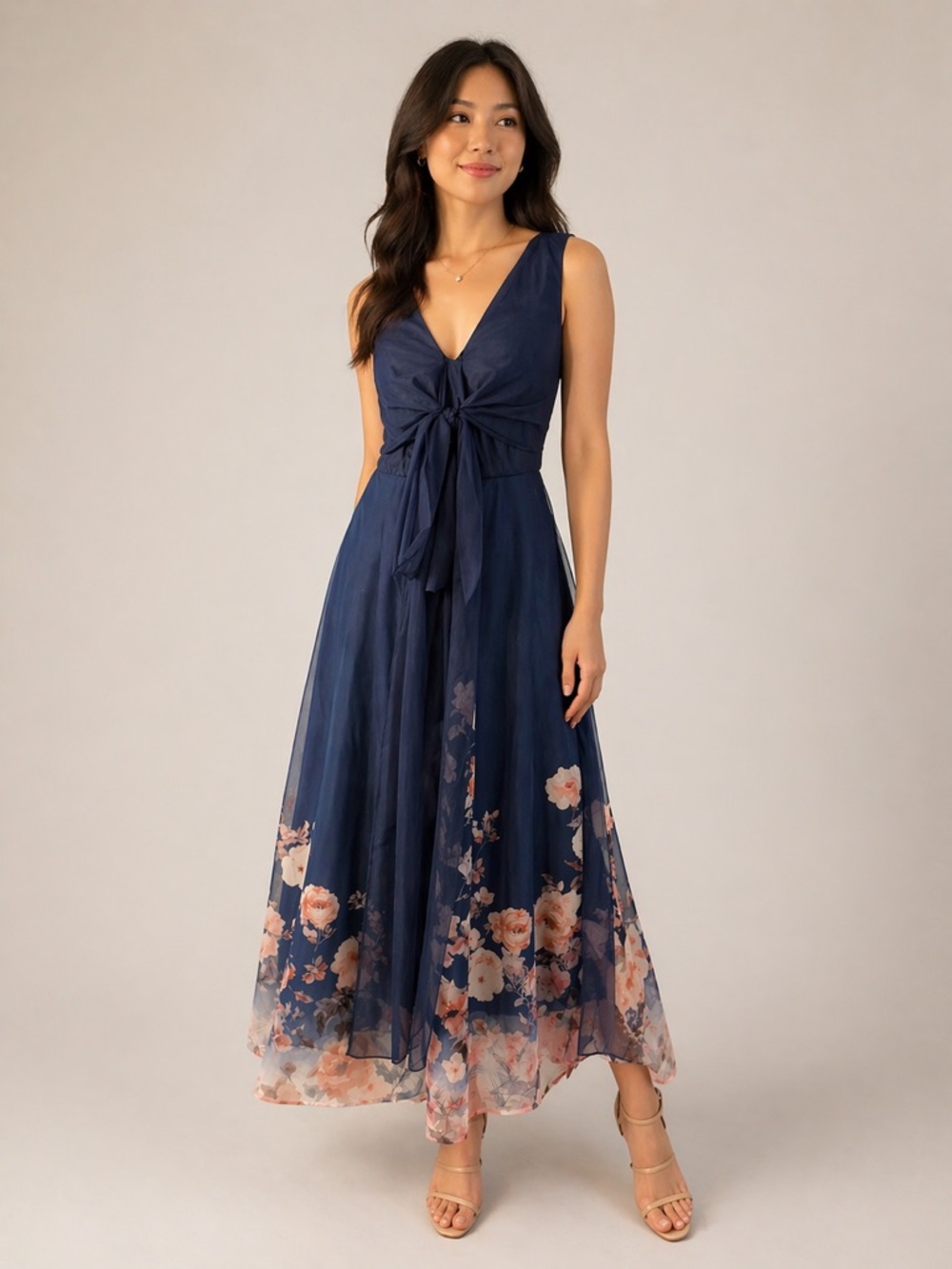 Navy Floral Tie-Front Maxi Dress #147